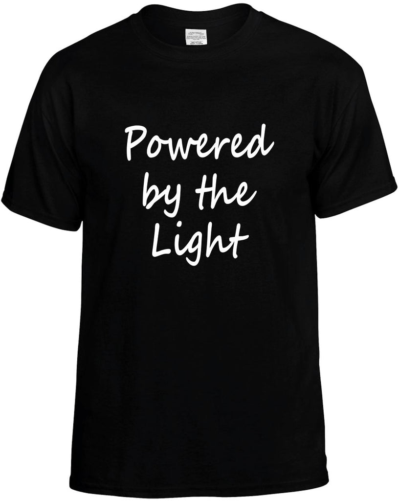 powered by the light religious mens funny t-shirt black